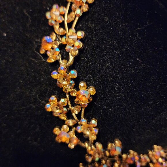 Vintage MCM Golden AB Rhinestone Flower Necklace Heavy Gold Plate Rivoli Stones - Picture 11 of 14